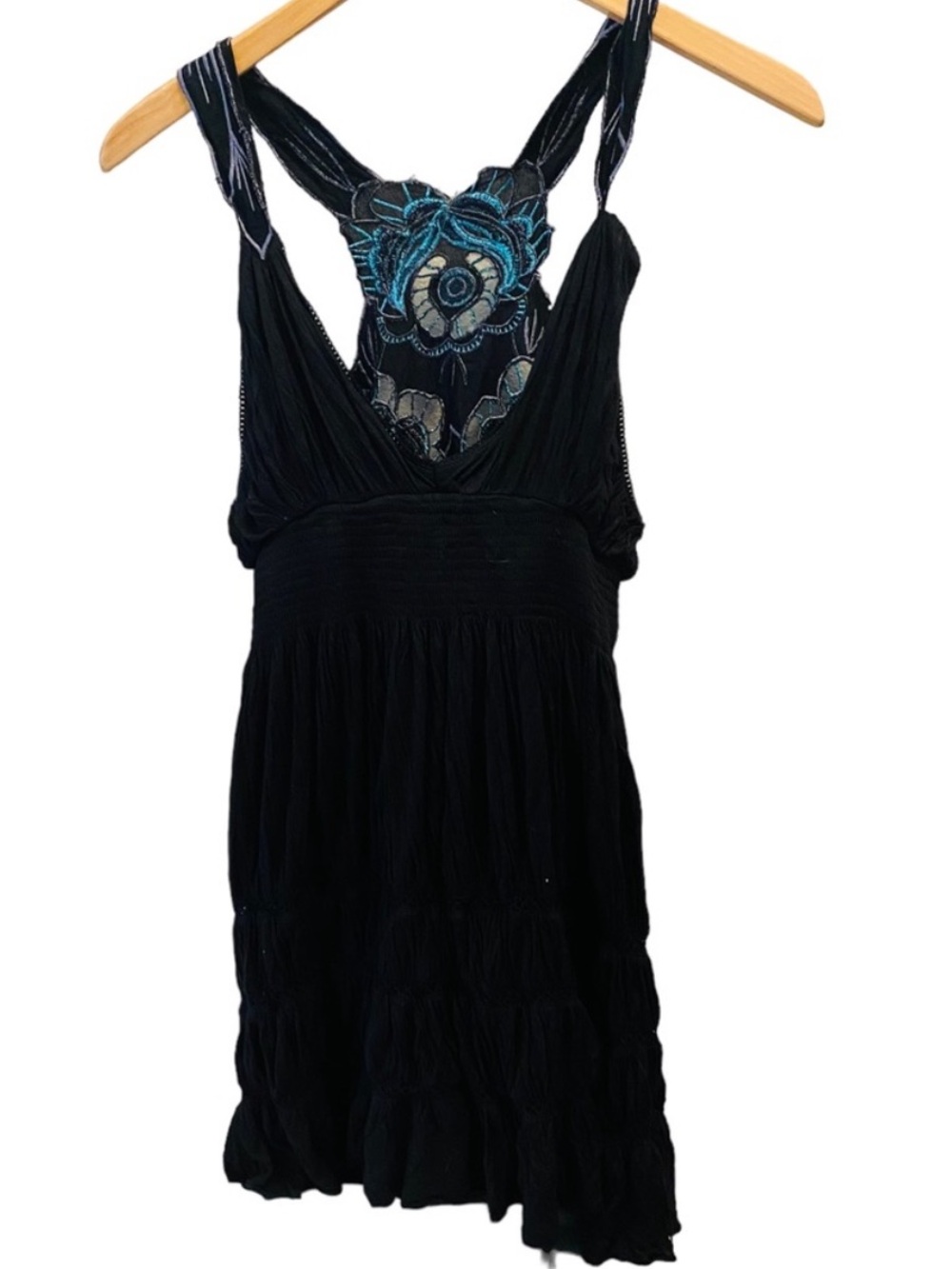 FREE PEOPLE Black Blue Lace Whimsigoth Embroidered Back Mink Dress